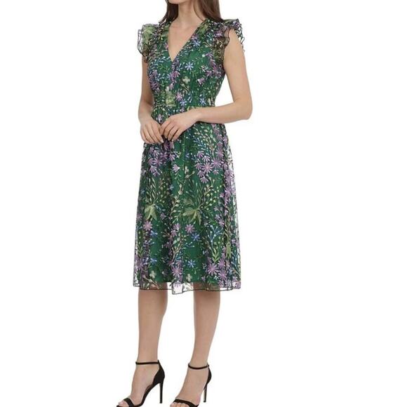 Maggie London Green Floral Embroidered Ruffle Sleeveless A-Line Midi Dress 10 - Picture 3 of 10